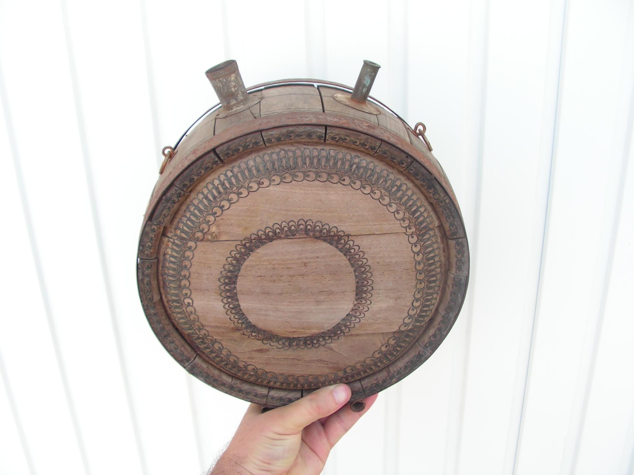 Antique wooden barrel pot Handmade barrel metal rings Primitive pot vessel Wood bowl Folk art Rustic garden decor
