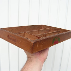 Antique wooden tray painted cherries 50s Wooden drawer cutlery tray Old wooden tray box Serving tray Forks spoon knives box Handmade drawer