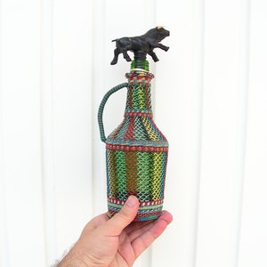 Vintage wicker bottle plastic bull cap Wine bottle Wrapped bottle Plastic wicker demijohn Colorful plastic wicker Rustic home decor