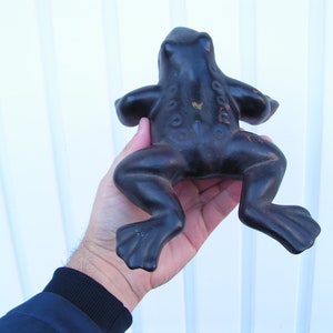 May include: A black cast iron frog figurine. The frog is sitting on its hind legs with its front legs outstretched. The frog has a textured surface and a detailed design.