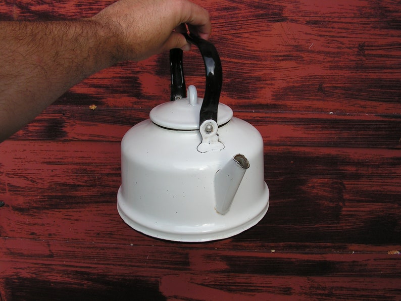 Retro Enamel Teapot 60s White Enamel Kettle Vintage Enamel Etsy