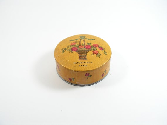 Antique French Powder Box HOUBIGANT Paris, Small Yellow Powder Box
