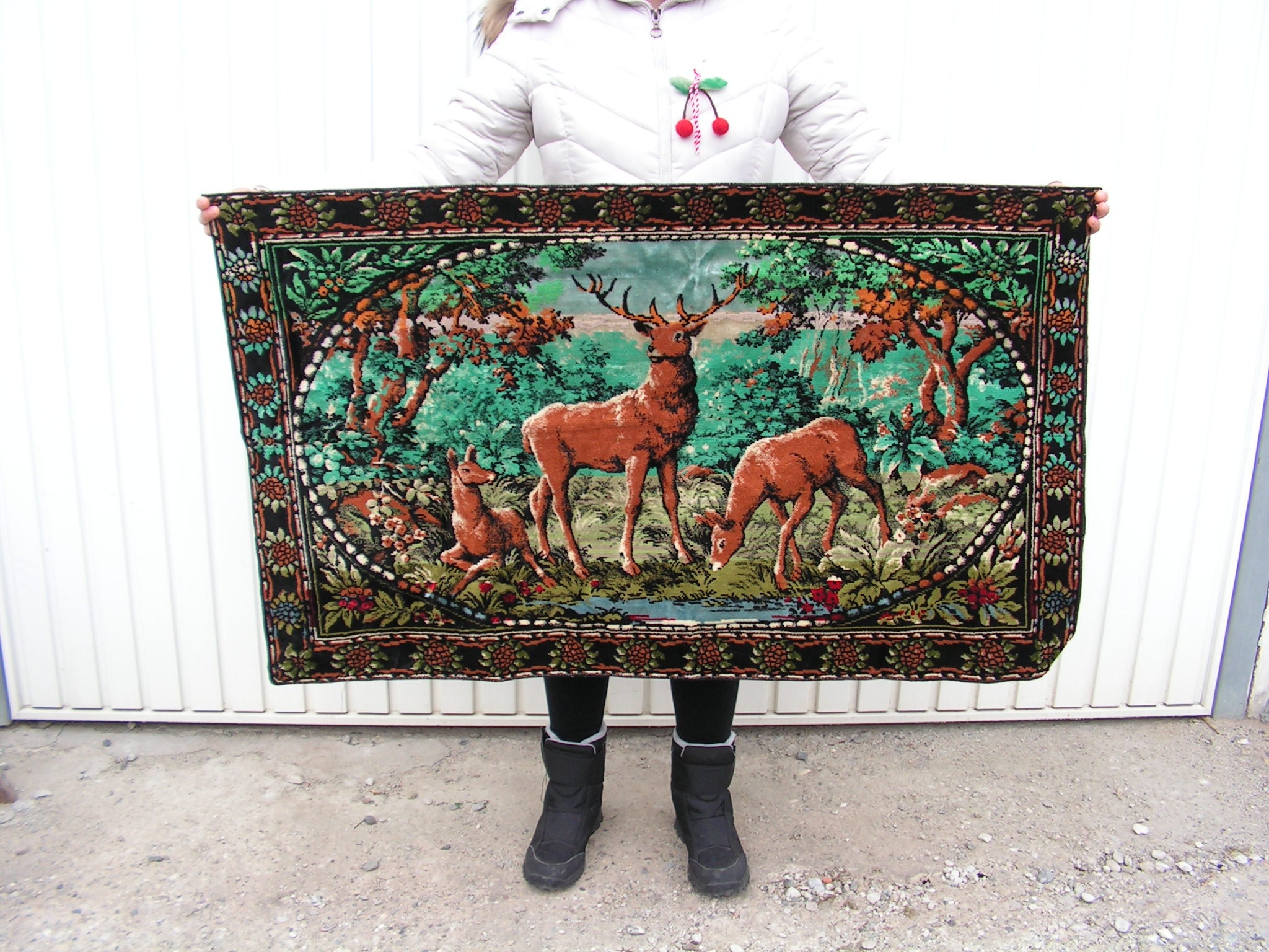 Vintage Wall Carpet Deer Family Wall Hanging Rug Bulgaria Etsy Denmark