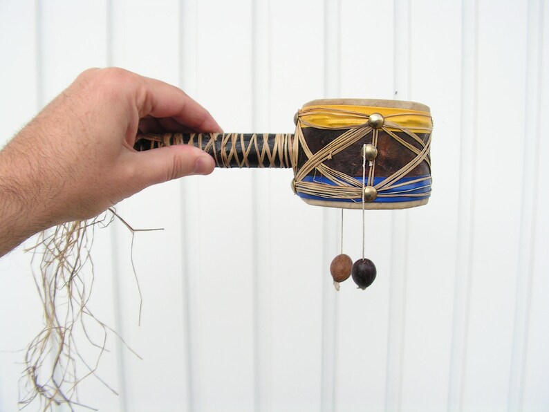 Vintage leather drum Rattle drum wood handle Hand colored Etsy