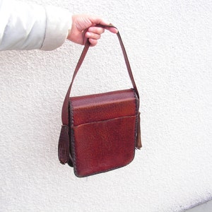 Vintage Leather Bag 70s Brown Fringe Handbag Bag Handbag Tooled Purse Retro Woman Hippie Bag Embossed Dark Brown Genuine Leather Bag image 5