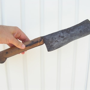 Vintage cleaver wooden handle, Meat chopper patina cleaver, Hog splitter, Solid butcher knife, Chopping metal knife, Kitchen Cleaver