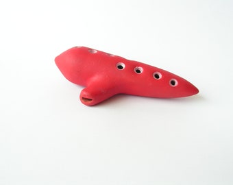 Vintage pottery ocarina 60s Ceramic red ocarina Antique flute whistle Traditional folk wind instrument Old clay red musical instrument