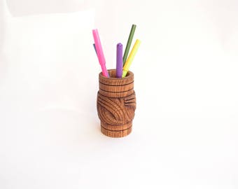 Vintage Wooden Carved Pencil Holder Handmade Cup Pencil Organizer Handcrafted Desk Pen Holder Office Decor