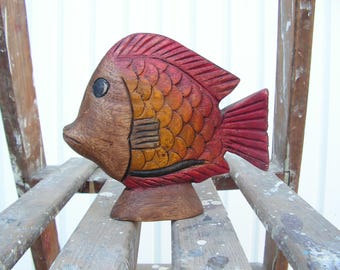 Vintage wooden fish Colorful statuette fish Hand carved fish figurine Wooden painted figure of fish Wooden art figure Wood fish sculpture