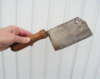 poignée en bois de couperet vintage années 50 Hachoir à viande aiguisé lame Vieux couperet de viande Solide boucher knifе Hacher couteau en métal Couteau de cuisine Cleaver