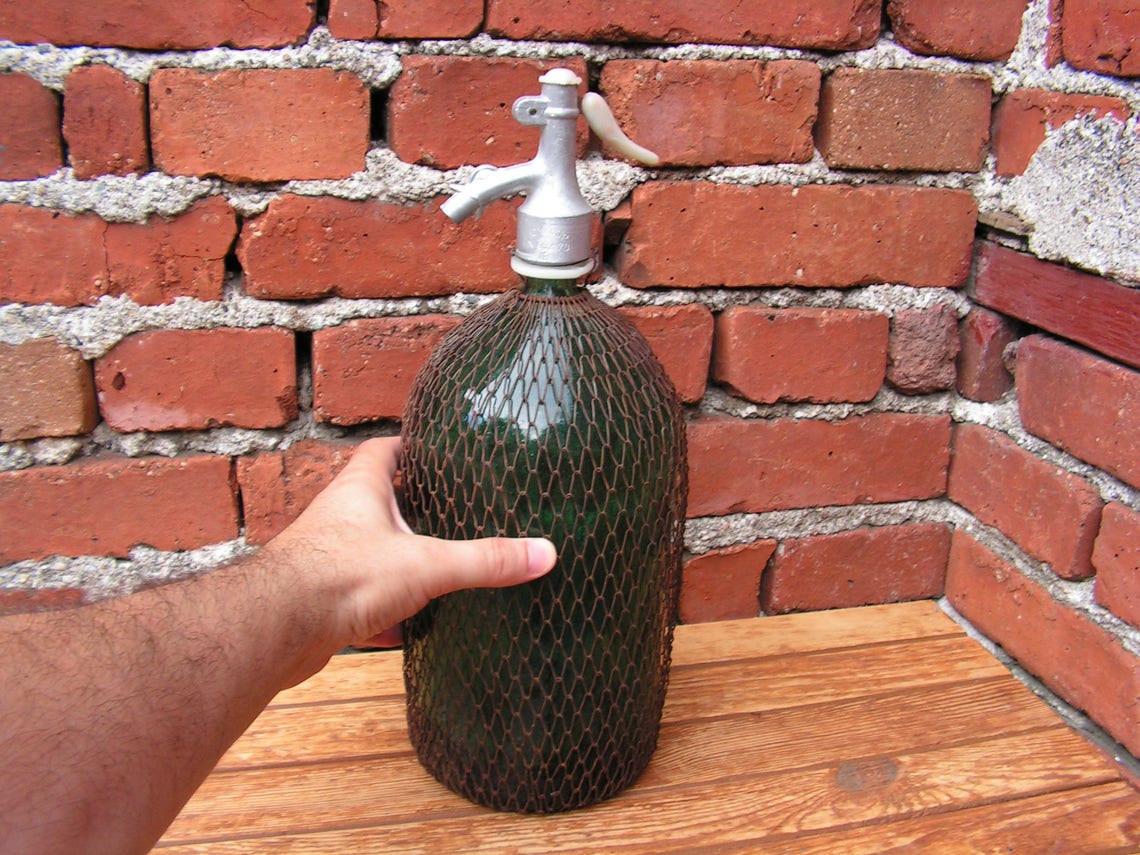 Antike Soda Siphon grün Glas Seltzer Flasche mit Rost Mesh ...