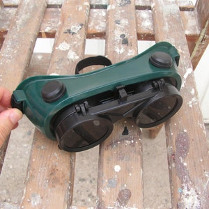 Safety green Glasses 1960s NOS Protective Welding Goggles Steampunk green Goggles Never used Vintage Welding Flip Up Glasses Gothic Glasses