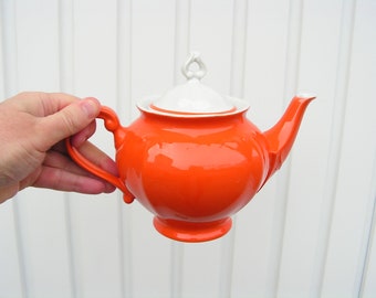 Vintage ceramic orange kettle, Pottery teapot, Pottery lovely kettle, Collectible marked teapot Bulgaria, Kitchen decoration