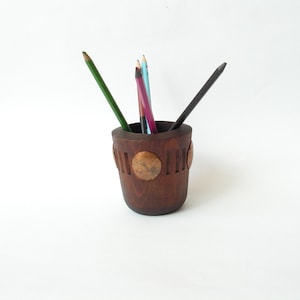 Vintage wooden cooper pencil holder 70s Hand carved pencil holder Handmade cup pencil Massive pencil holder Organizer desk pen holder