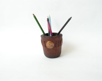 Vintage wooden cooper pencil holder 70s Hand carved pencil holder Handmade cup pencil Massive pencil holder Organizer desk pen holder