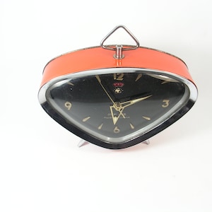 Retro Mechanical orange China Alarm Clock, Vintage Working triangular Clock, Diamond China Metal Clock, Clock Wind-up, Desk Alarm Clock