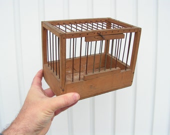 Antique small wooden cage, Bird cage one door, Hand made cage, Can be placed on wall, Bird wood house, Bird lover, Fermhouse garden decor