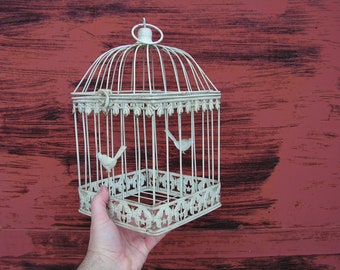 Vintage White Iron Wire Bird Cage, Handmade Rustic Garden Decor