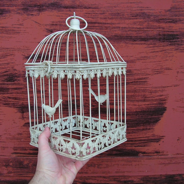 Vintage wire cage, White iron bird cage with one doors, Hand made rust wire cage, Bird wire house, Fermhouse garden decor