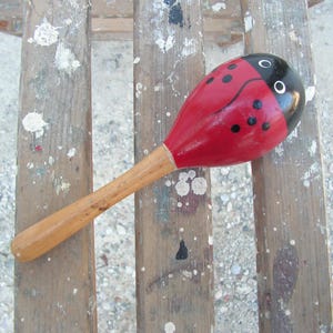 Vintage maracas ladybird, Hand-made maracas wooden handle, Percussion musical instrument, Wooden maracas ladybird, Old music instrument