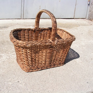 Vintage big woven basket Handmade basket Woven basket wooden bottom Gathering  basket Garden decor One handle basket Primitive wooden basket