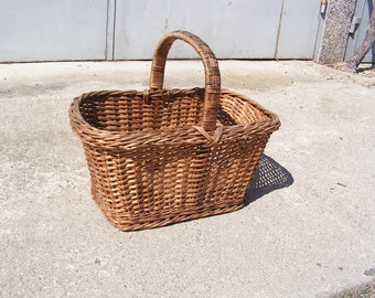 Vintage big woven basket Handmade basket Woven basket wooden bottom Gathering  basket Garden decor One handle basket Primitive wooden basket