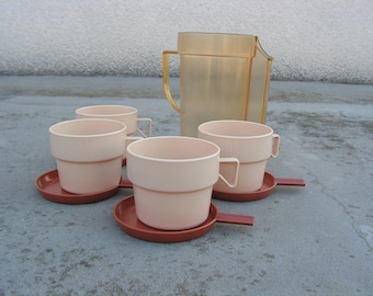 Tourist set of 4 cups, Vintage picnic set, Plastic drinking set, Plastic coffee tea set, Travel set mugs, Camping accessories drink