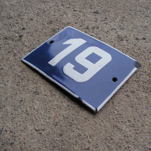 Vintage Enamel Sign 19 House Door Number 4.7 in. X 3.9 in. Blue White Porcelain Metal Plate Door Number Street Sign enameled Plaque 19