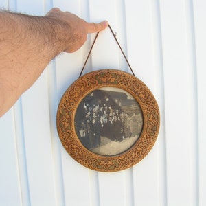 Antique picture wooden frame with glass, Retro black white photo, Old round lovely framed photo, Vintage people picture, Antique photo