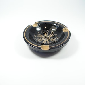 Vintage ceramic ashtray Handmade black ashtray gold decoration with factory defect Collectible ashtray 3 cigarettes Gift for smoker
