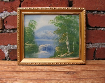 Vintage landscape oil painting Old painting in wooden frame painting Oil painting river waterfall