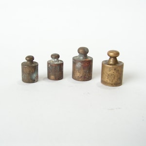 Vintage weights 10, 20 grams, Set of 4 Weights scale balance, Antique marked weights patina, Brass weight scale balance, Marked masses