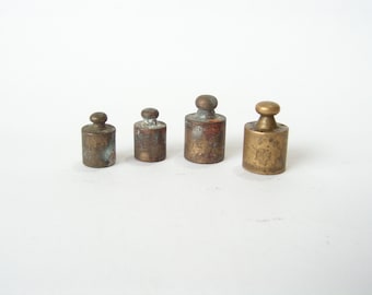 Vintage weights 10, 20 grams, Set of 4 Weights scale balance, Antique marked weights patina, Brass weight scale balance, Marked masses