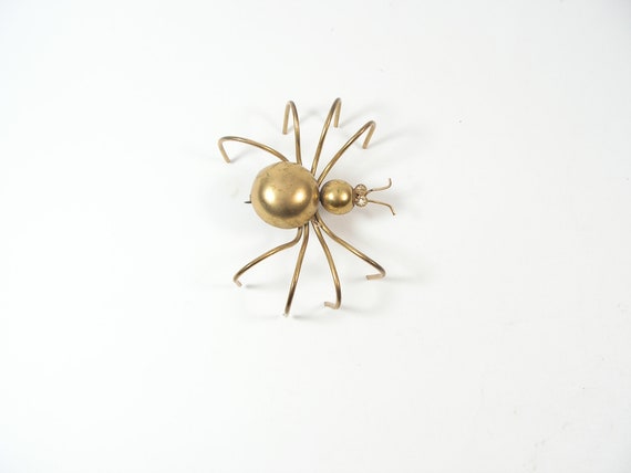 Broche Vintage Araignée En Laiton Doré Avec Strass Argentés - Bijou Occasion Gothique Et Original