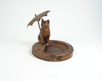 Unique metal ashtray cat umbrella, Jewellery cat stand, Vintage copper ashtray, Old hand made ashtray, Decor Tobacciana