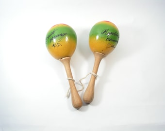 Maracas de madera vintage, Conjunto de 2 maracas, Maracas pintadas a mano, Instrumento musical de percusión, Maracas de arte, Instrumento de música antiguo