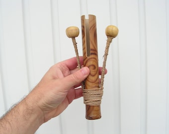 Vintage Holztrommel, Rassel Trommel Bambus Griff, Handtrommel Holzkugeln, Tribal Musik Instrument, Volkskunst Instrument Schlagzeug