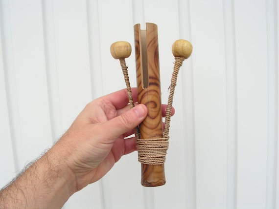 Vintage wooden drum, Rattle drum bamboo handle, Hand drum wooden balls, Tribal music instrument, Folk art instrument percussion