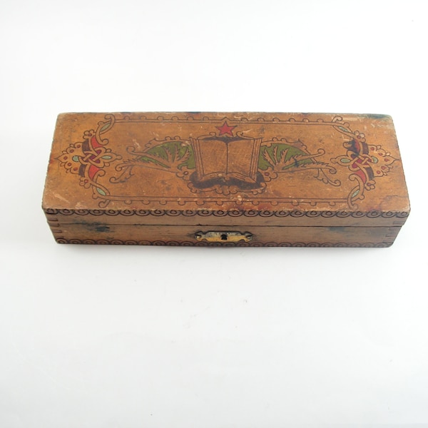 Vintage wooden pen box with lock Pencil pyrograph case Old pen Hand painted pencil box Student pen case School supplies