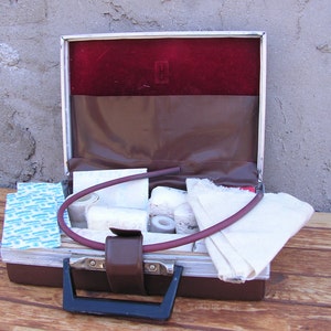 Vintage travel car medical kit, Medical bag, Leather doctor bag, Red cross, First aid kit, First aid suitcase on the road image 4