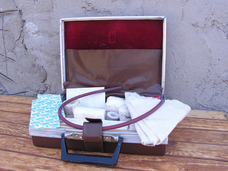 Vintage travel car medical kit, Medical bag, Leather doctor bag, Red cross, First aid kit, First aid suitcase on the road image 4