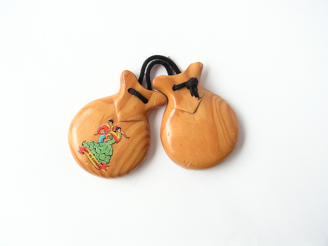 Vintage Handmade Wooden Castanets, Spanish Folk Percussion, photo 2 sur 5