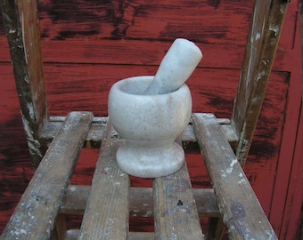 Vintage marble mortar pestle, Heavy white stone mortar and pestle, Herb stone grinder, Medicine bowl, Pharmacy display