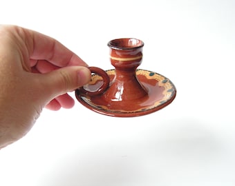 Vintage ceramics lovely candlestick Pottery red candlestick Clay candle holder Handmade ceramic glazed candleholder Finger loop candlestick
