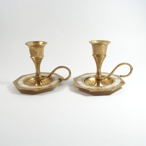 Pair antique brass mother of pearl candlesticks Vintage brass candlesticks Set of 2 candle holders Finger loop handmade candleholders