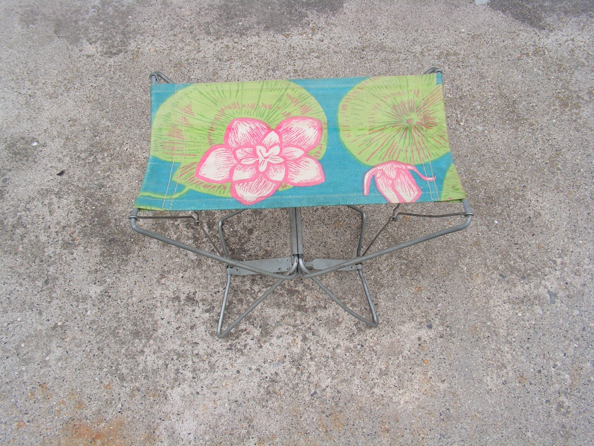 Tabouret pliant vintage en bois + tissu rayé - Chaise de camping