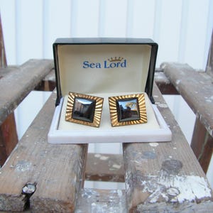 Vintage brass cufflinks 1980s, Old cufflinks black stone original box SEA LORD, Men&#39;s Accessory, Retro mens cuff links