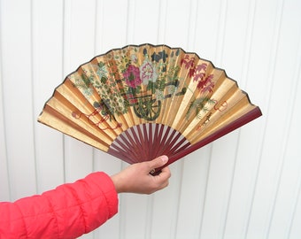 Chinese paper fan Vintage hand painted fan Beautiful colorful paper fan Folding asian fan Retro fan Handmade paper fan Ladies accessory