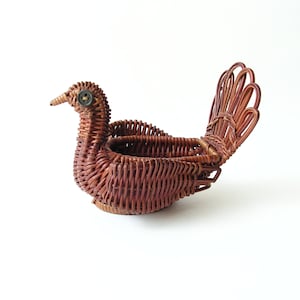 Vintage wicker peacock basket, Natural woven bowl, Rattan basket, Bread basket, Ring basket, Art basket, Woven bird basket, Kitchen decor