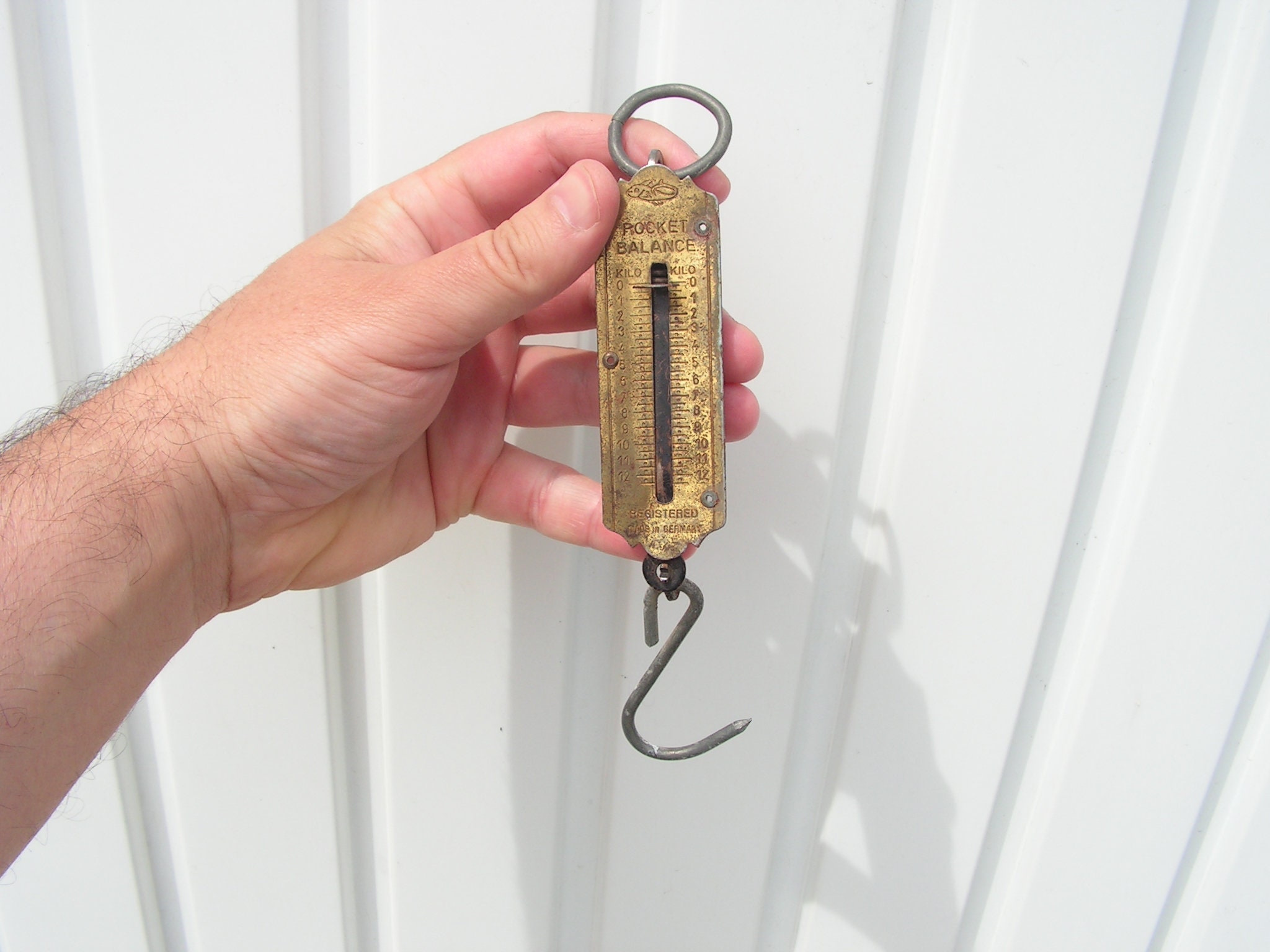 Vintage German pocket balance, Old pocket scale, Antique spring scale, Hanging scale hook, Vintage kitchen balance, Antique metal scale